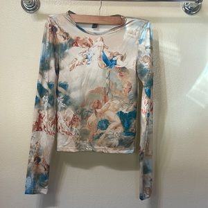 Forever21 Renaissance Cherub Print Long Sleeve Cropped Shirt
